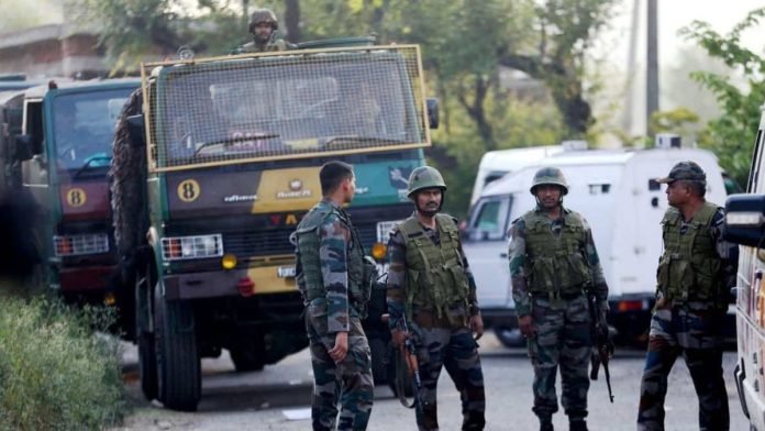 Army personnel near the site of the ongoing encounter between security forces and terrorists at Saida Sukhal village in Hiranagar sector of Kathua district