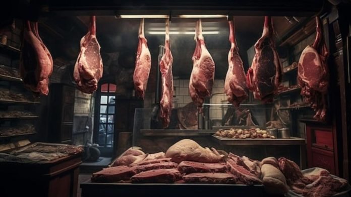Butcher's shop with meat hanging
