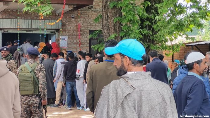 People queue up for casting their vote at a polling station in Pulwama during the recently held Lok Sabha elections People queue up for casting their vote at a polling station in Pulwama during the recently held Lok Sabha elections