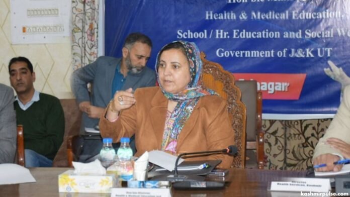 Minister for Health and Medical Education, Social Welfare and Education, Sakeena Masood during a meeting in Srinagar on October 29, 2024