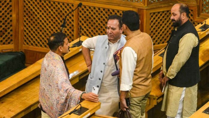 Leader of Opposition Sunil Sharma with other BJP MLAs on the second day of the J&K Legislative Assembly session in Srinagar