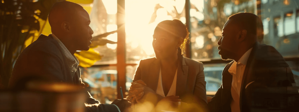 Three business professionals engaged in discussion at a table, with a large window providing natural light in the background