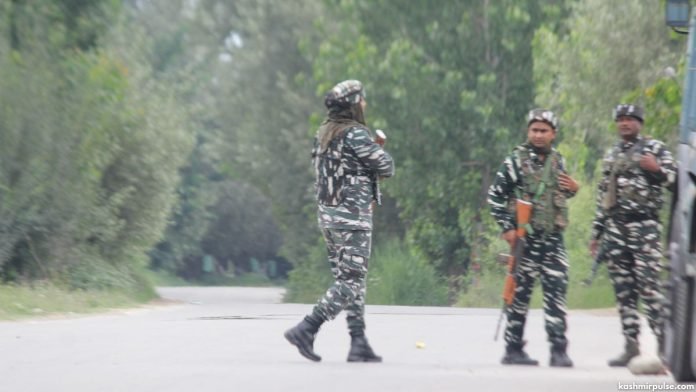 CRPF men on alert during a search operation in South Kashmir CRPF men on alert during a search operation in South Kashmir