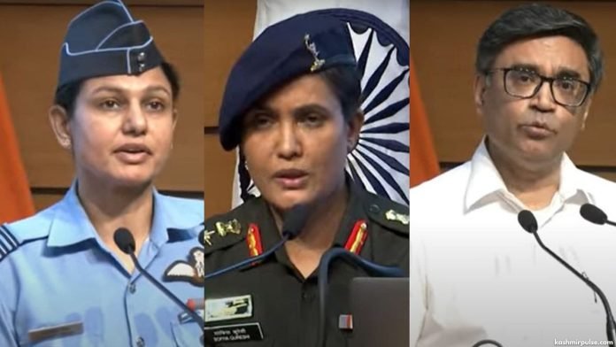 Colonel Sofiya Qureshi and Wing Commander Yomika Singh along with Foreign Secretary Vikram Misri Colonel Sofiya Qureshi and Wing Commander Yomika Singh along with Foreign Secretary Vikram Misri