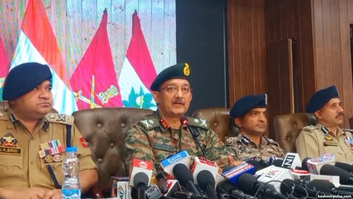 IGP V K Birdi, GOC Victor Force, Major General Dhananjay Joshi while addressing a press conference in Awantipora IGP V K Birdi, GOC Victor Force, Major General Dhananjay Joshi while addressing a press conference in Awantipora