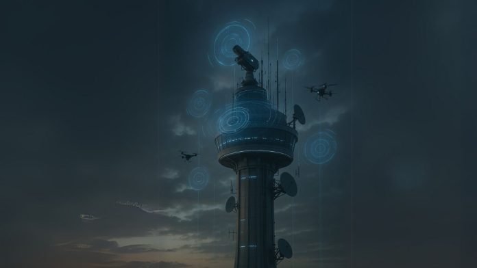 A futuristic control tower equipped with advanced radar and communication systems monitors atmospheric data A futuristic control tower equipped with advanced radar and communication systems monitors atmospheric data