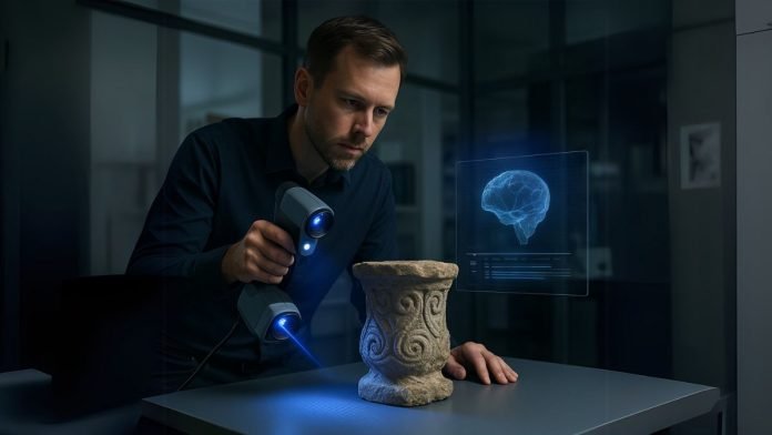 A researcher uses advanced 3D scanning technology to digitally preserve an ancient artefact