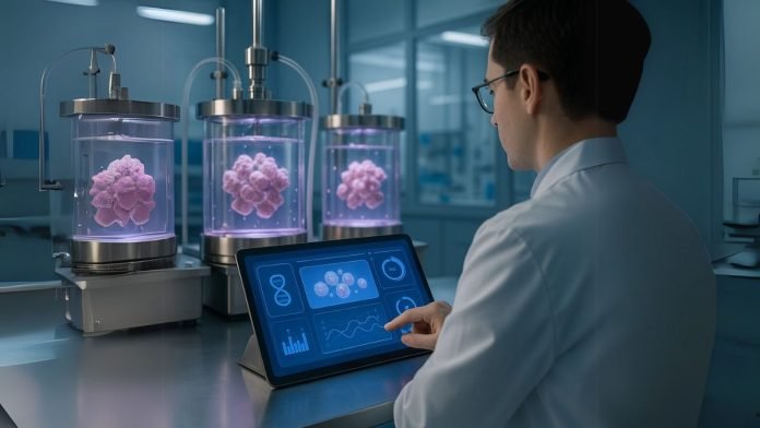 A scientist monitors advanced tissue cultures inside bioreactors, using real-time data on a digital interface