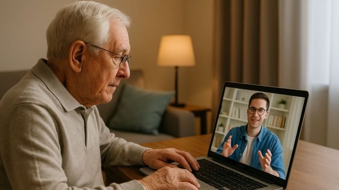 An elderly man engages in a video call on a laptop
