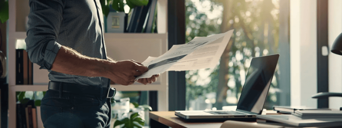 Businessman reviewing documents to insert into faxing software