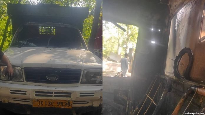 Tata Mobile vehicle set ablaze by unknown persons in Keegam Shopian