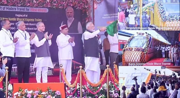 PM Modi flags off Amritsar Shri Mata Vaishno Devi Katra Vande Bharat train PM Modi flags off Amritsar Shri Mata Vaishno Devi Katra Vande Bharat train