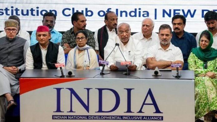 INDIA bloc leaders during a press conference in New Delhi