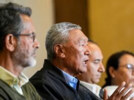 Leh Apex Body co-chairman Chering Dorjay with other members addresses a press conference, in Leh, Ladakh