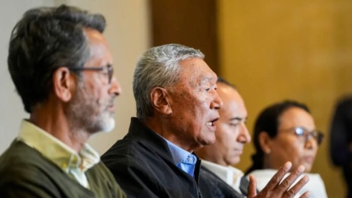 Leh Apex Body co-chairman Chering Dorjay with other members addresses a press conference, in Leh, Ladakh Leh Apex Body co-chairman Chering Dorjay with other members addresses a press conference, in Leh, Ladakh