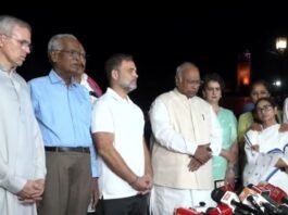 Omar Abdullah joins INDIA bloc leaders during a press briefing in New Delhi on October 9, 2026